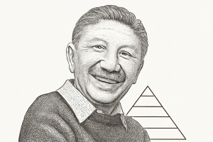 Abraham Maslow con la pirámide famosa de su teoría al fondo.