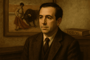 Retrato al óleo de Antonio Abad Ojuel, periodista y crítico taurino español del siglo XX, sentado con gesto reflexivo. Al fondo aparece un cuadro de una faena taurina y un libro titulado 'Toros', evocando su legado como ensayista y cronista de la tauromaquia.