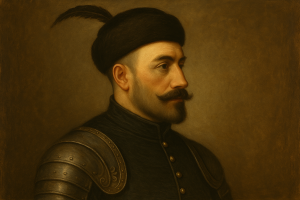 Retrato al óleo de Miguel Apafi I de Transilvania, príncipe del siglo XVII, mostrado de perfil con armadura oscura y gorro adornado con pluma, en estilo barroco, iluminado sobre fondo sobrio.