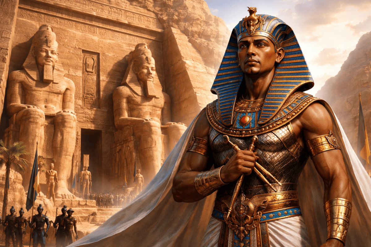 Representación artística apaisada de Ramsés II con atuendo faraónico, de pie ante el templo de Abu Simbel, con grandes estatuas colosales talladas en la roca al fondo y una escena ceremonial del Antiguo Egipto al atardecer.