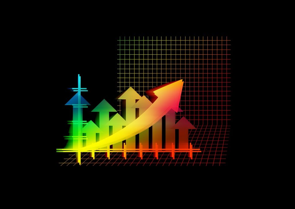 Gráfico tridimensional con flechas de colores que indican un aumento en el rendimiento, sobre un fondo negro con una cuadrícula roja y amarilla.