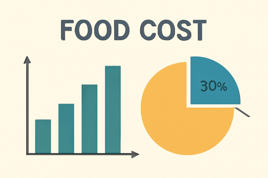 Gráfico de barras y gráfico circular que representan el análisis del food cost, con barras de color turquesa ascendente y una segmentación del 70% en dorado y 30% en turquesa oscuro, sobre un fondo beige claro