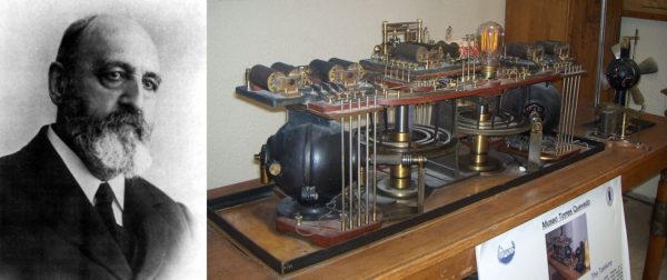 Fotografía compuesta. A la izquierda, retrato en blanco y negro de Leonardo Torres Quevedo, ingeniero e inventor español con barba y traje formal. A la derecha, imagen de su invento 'El ajedrecista', una máquina mecánica y eléctrica pionera que jugaba automáticamente al ajedrez, exhibida en el Museo Torres Quevedo