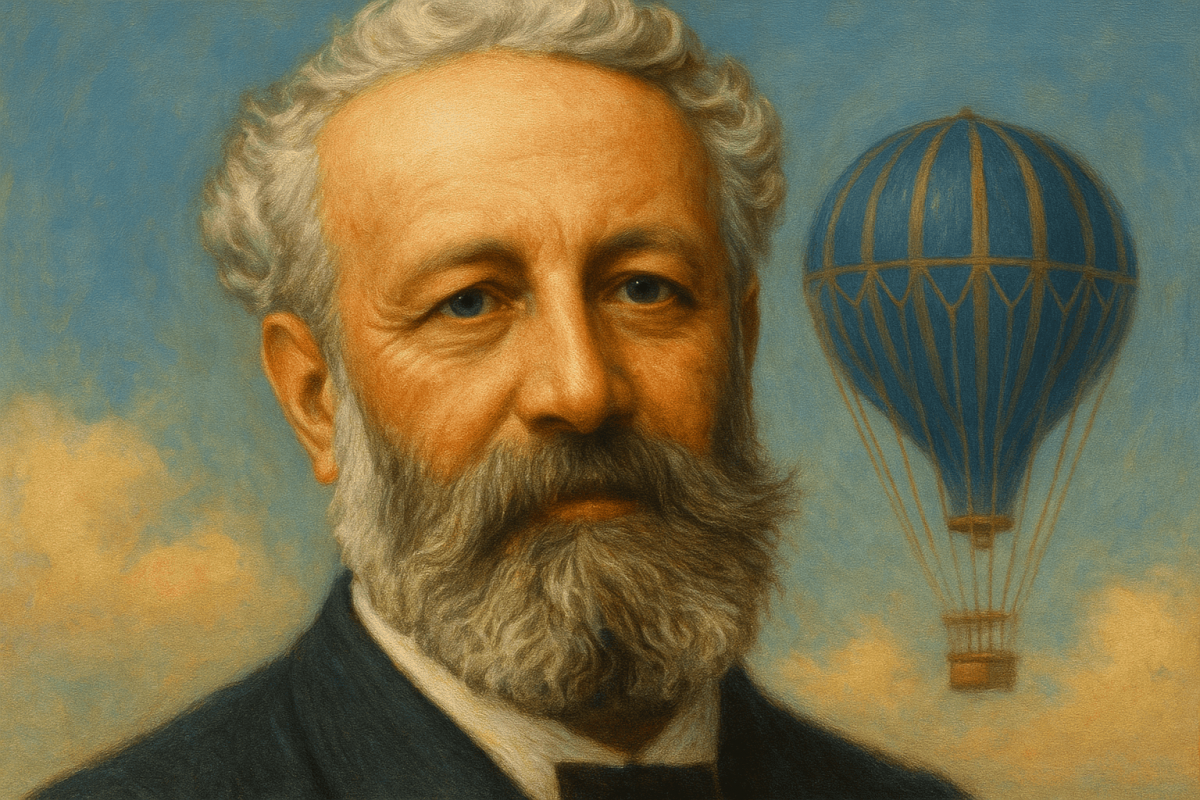 Retrato al óleo de Julio Verne, de estilo realista y formato horizontal, mostrando al escritor con expresión serena, cabello y barba canosos, traje oscuro y fondo azul con un globo aerostático clásico entre nubes suaves.