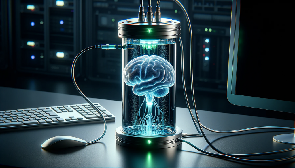 Cerebro digitalizado flotando en un cilindro conectado a cables, con un fondo de servidores y una computadora de escritorio