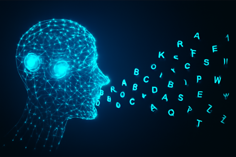 Cabeza digitalizada en 3D emitiendo letras flotantes, representando la comunicación o el procesamiento de datos en un entorno virtual