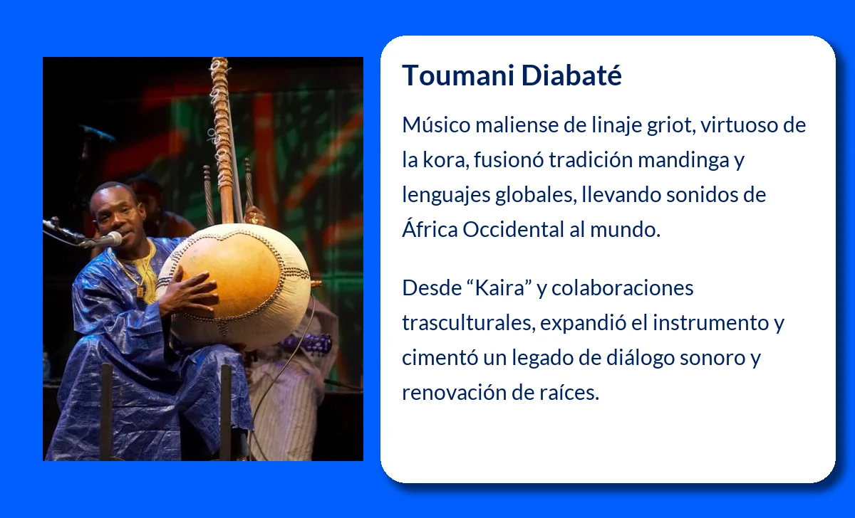 Toumani Diabaté (1965-VVVV). El maestro maliense de la kora que revolucionó la música tradicional de África Occidental