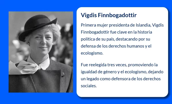 Vigdis Finnbogadottir: (1930-VVVV). La primera mujer presidenta de Islandia y un símbolo de liderazgo y ecologismo