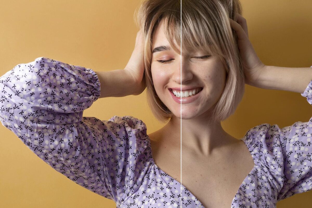 comparación de retrato femenino antes y después de mejorar la calidad de imagen con edición digital