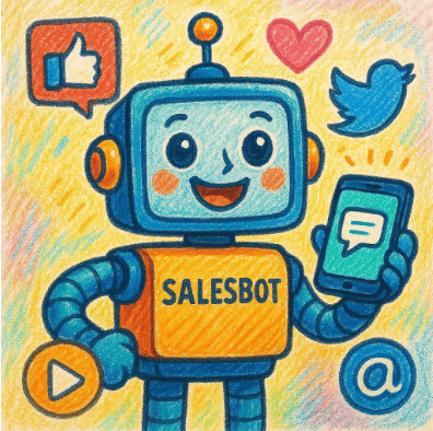 Ilustración de un robot llamado “Salesbot” sosteniendo un móvil, rodeado de iconos de redes sociales y mensajes.
