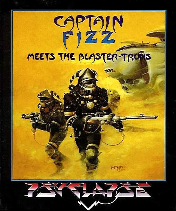 Portada del videojuego Captain Fizz Meets the Blaster-Trons para Amiga con dos guerreros futuristas armados avanzando por un paisaje desértico junto a una nave espacial.