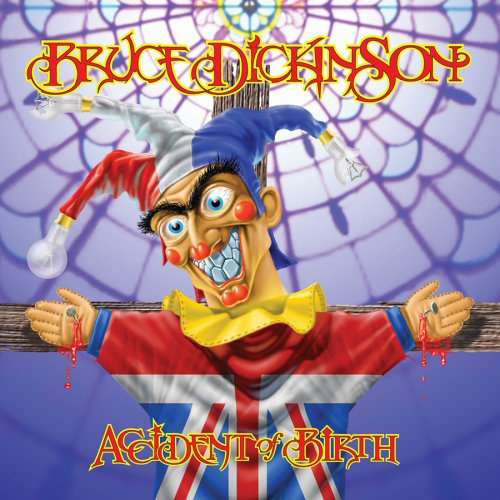 Bufón macabro ilustrado por Derek Riggs para el álbum Accident of Birth (1997) de Bruce Dickinson con fondo de vidriera y estética de terror surrealista