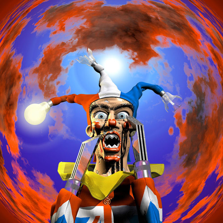 Reinterpretación en 3D del bufón macabro del álbum Accident of Birth de Bruce Dickinson inspirada en la ilustración original de Derek Riggs