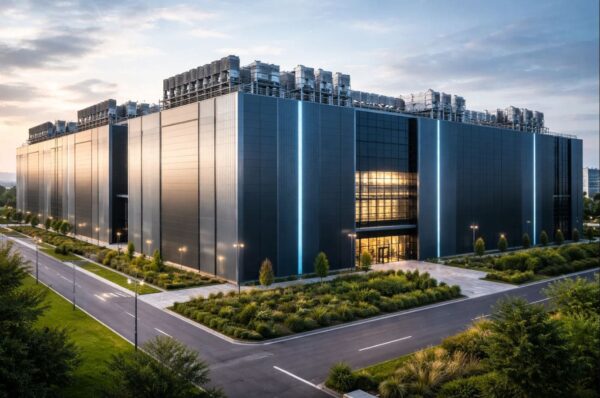 Centro de datos moderno de gran tamaño con fachada metálica oscura, equipos de refrigeración en la azotea y zonas ajardinadas alrededor, visto al atardecer.
