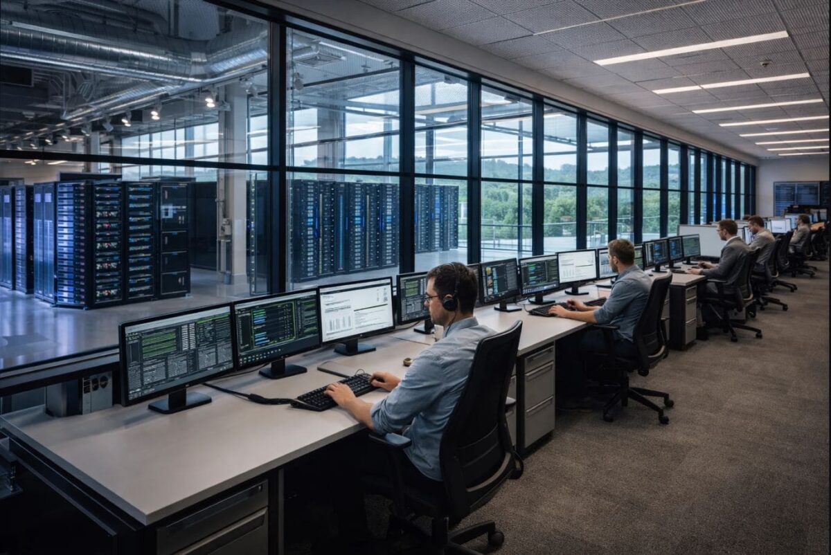 Sala de control de un centro de datos con técnicos trabajando frente a múltiples monitores, supervisando servidores visibles tras un cristal.