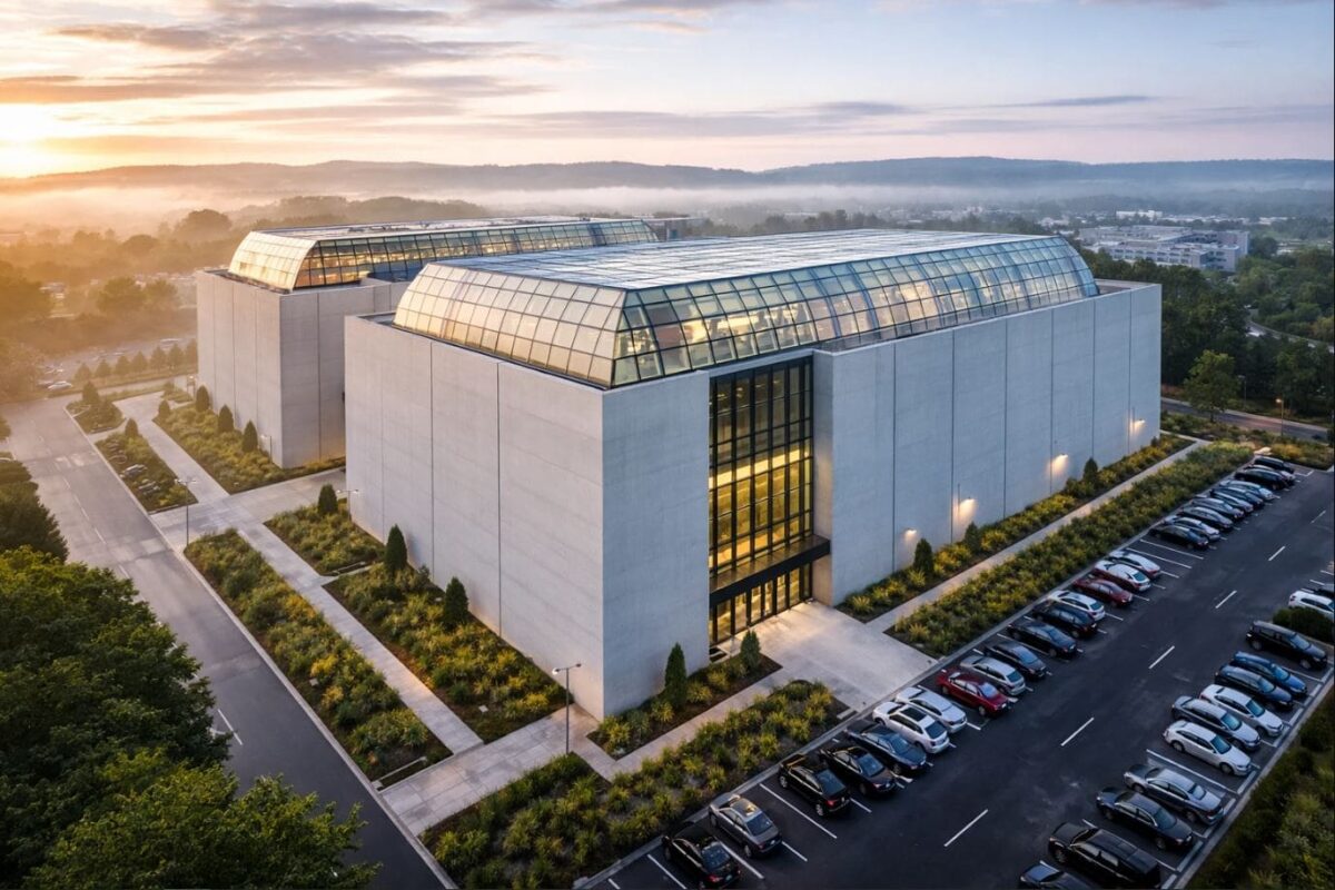 Centro de datos moderno con grandes ventanales en la cubierta, rodeado de zonas ajardinadas y aparcamiento, visto desde una perspectiva aérea al amanecer.
