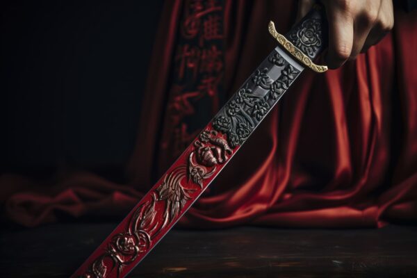 Espada decorativa con grabados ornamentales inspirada en armas históricas, sostenida por una mano sobre fondo oscuro con tela roja.