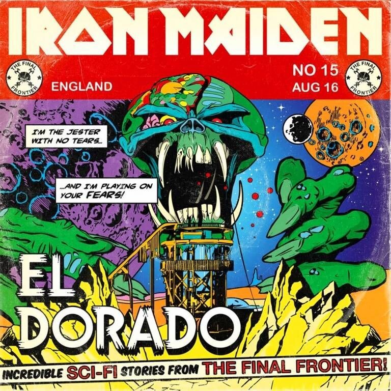 Portada del sencillo El Dorado de Iron Maiden con Eddie representado como una criatura alienígena gigante sobre un paisaje futurista.
