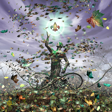 Portada del álbum Elements Pt. 2 de Stratovarius ilustrada por Derek Riggs con figura formada por elementos naturales y hojas en movimiento