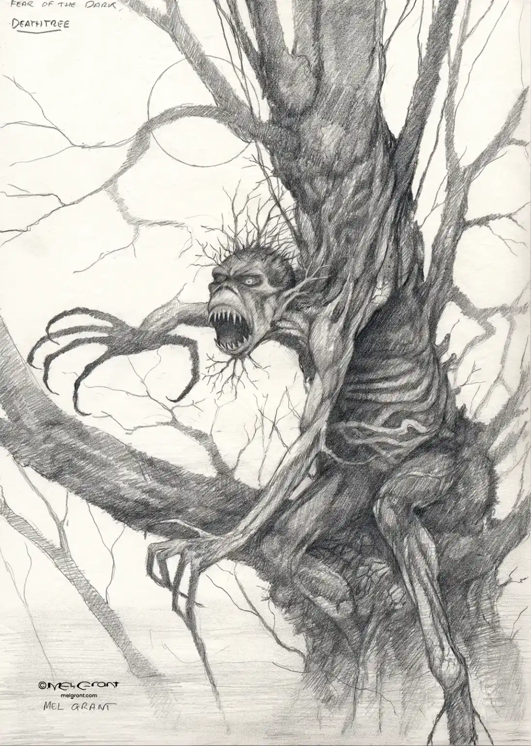 Boceto a lápiz de Eddie en el árbol de la portada de Fear of the Dark de Iron Maiden, realizado por Melvyn Grant.
