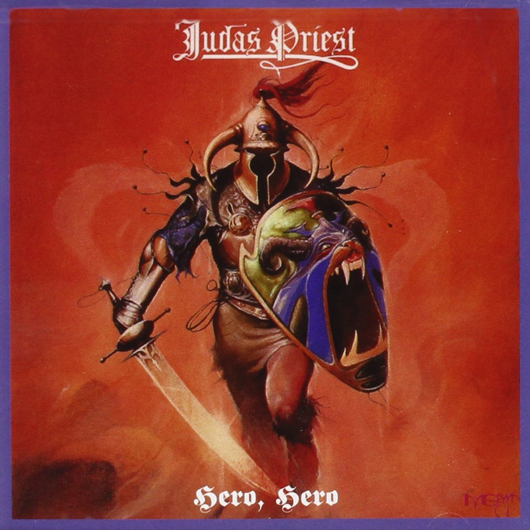 Portada del álbum Hero, Hero de Judas Priest con un guerrero con casco y espada sosteniendo un escudo con forma de bestia.