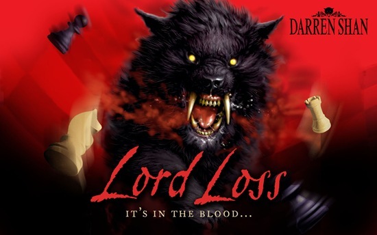 Ilustración de Lord Loss, primer libro de la serie The Demonata de Darren Shan, con un demonio oscuro de ojos brillantes y piezas de ajedrez flotando alrededor.