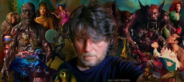 Melvyn Grant rodeado de criaturas fantásticas, demonios y personajes imaginarios de sus ilustraciones en el collage “Mel and Friends