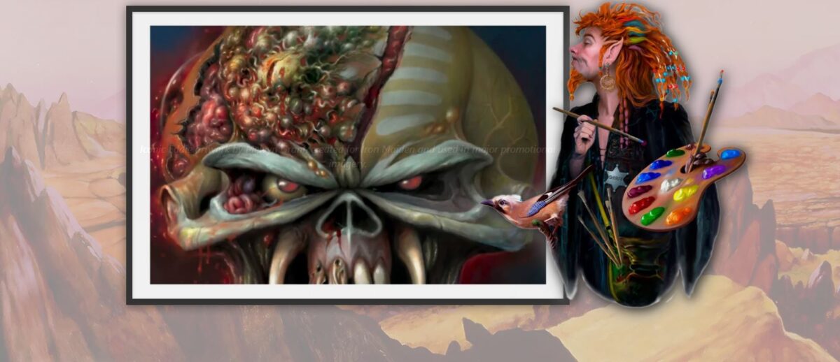 Ilustración promocional de Eddie de Iron Maiden junto a un retrato fantástico del ilustrador Melvyn Grant sosteniendo una paleta de pintura.