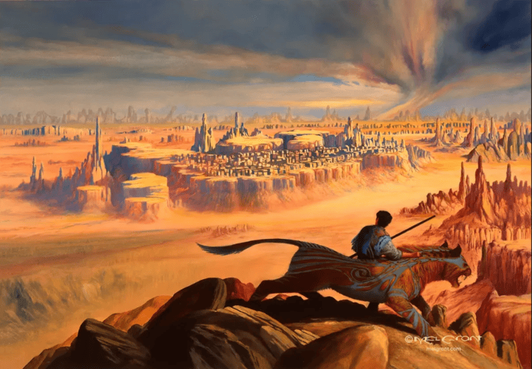 Ilustración de fantasía de Melvyn Grant con un guerrero montado en una criatura felina observando una ciudad amurallada en medio de un vasto desierto rocoso.