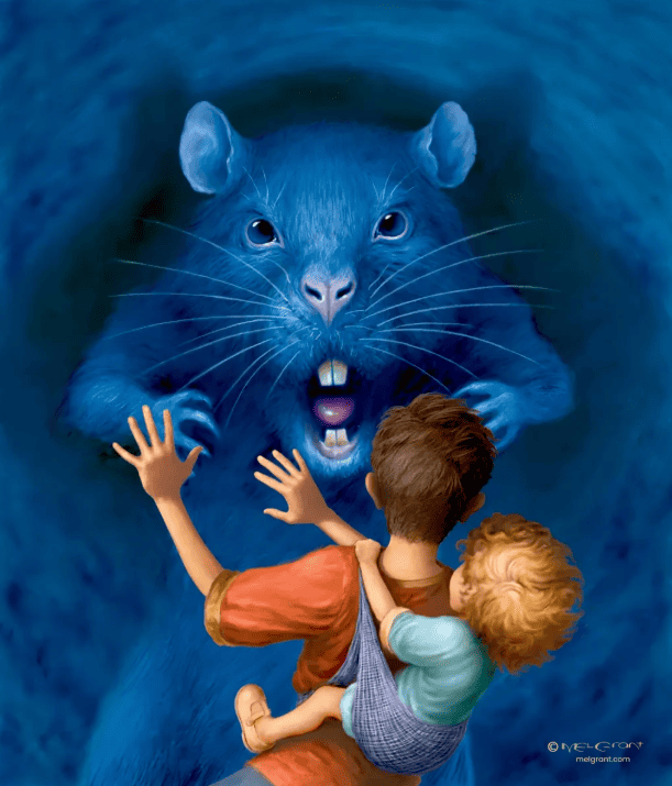 Ilustración fantástica de Melvyn Grant de dos hermanos enfrentándose a una rata gigante en un misterioso mundo subterráneo.