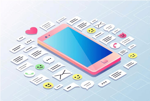 Ilustración isométrica de un smartphone rodeado de iconos de mensajes, emojis y notificaciones, representando la comunicación digital y las redes sociales.