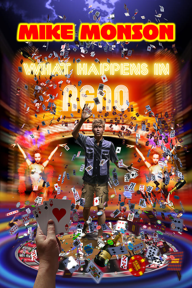 Portada del libro What Happens in Reno (2014) de Mike Monson con diseño e ilustración de Derek Riggs