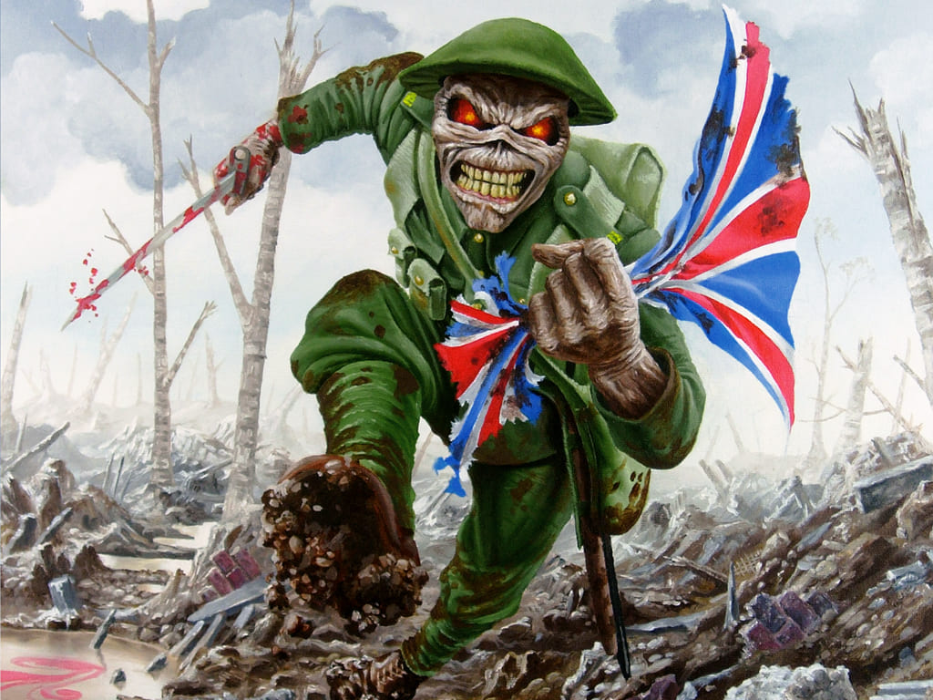Eddie soldado corriendo por un campo de batalla en la portada del libro Run for Cover: The Art of Derek Riggs
