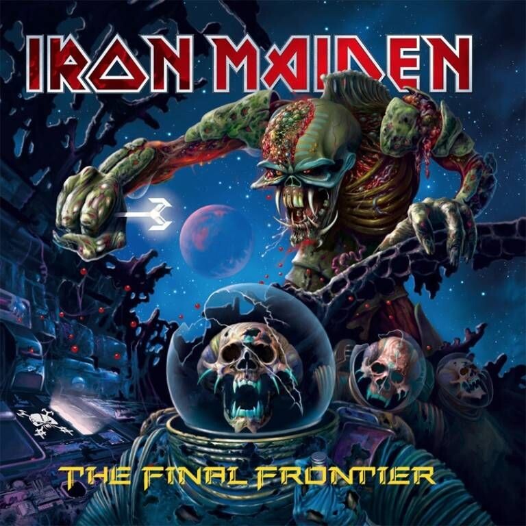Portada del álbum The Final Frontier de Iron Maiden con Eddie representado como una criatura alienígena en un entorno espacial.
