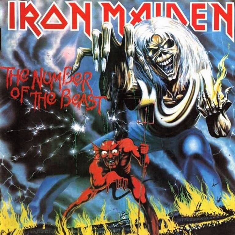 Eddie the Head controlando al demonio en la portada del álbum The Number of the Beast (1982) de Iron Maiden.