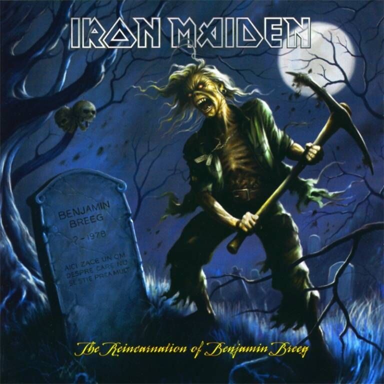 Portada del sencillo The Reincarnation of Benjamin Breeg de Iron Maiden con Eddie sosteniendo un pico en un cementerio nocturno.