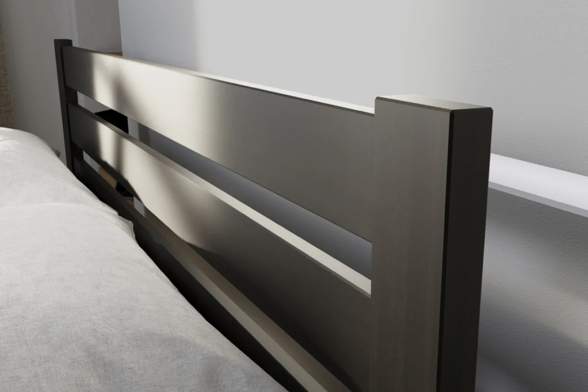 Detalle del cabecero de cama de madera negra con diseño de lamas horizontales en dormitorio moderno.