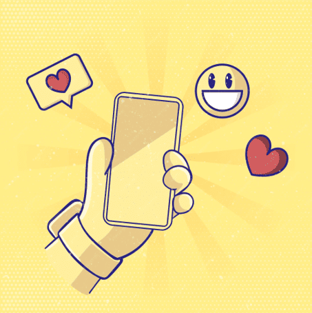 Ilustración de una mano sosteniendo un smartphone con iconos de corazones y una cara sonriente alrededor, representando interacción en redes sociales.