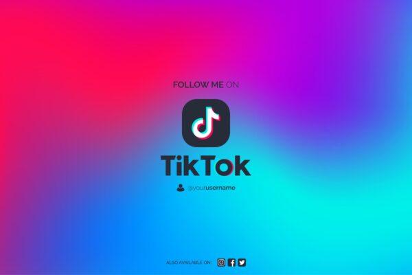 Fondo degradado en tonos rosa, azul y morado con el logotipo de TikTok y texto promocional de redes sociales.