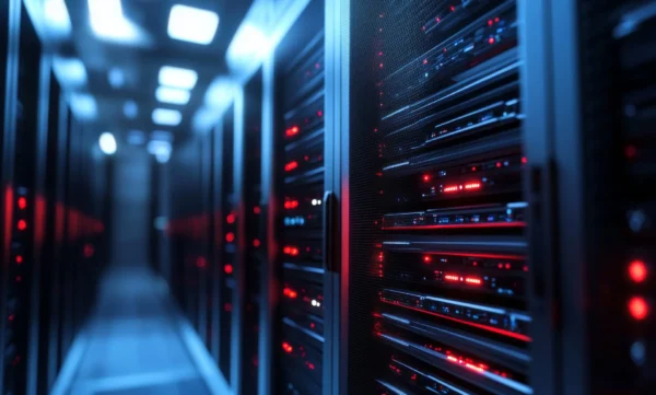 Pasillo de centro de datos con servidores iluminados en tonos azules y rojos.