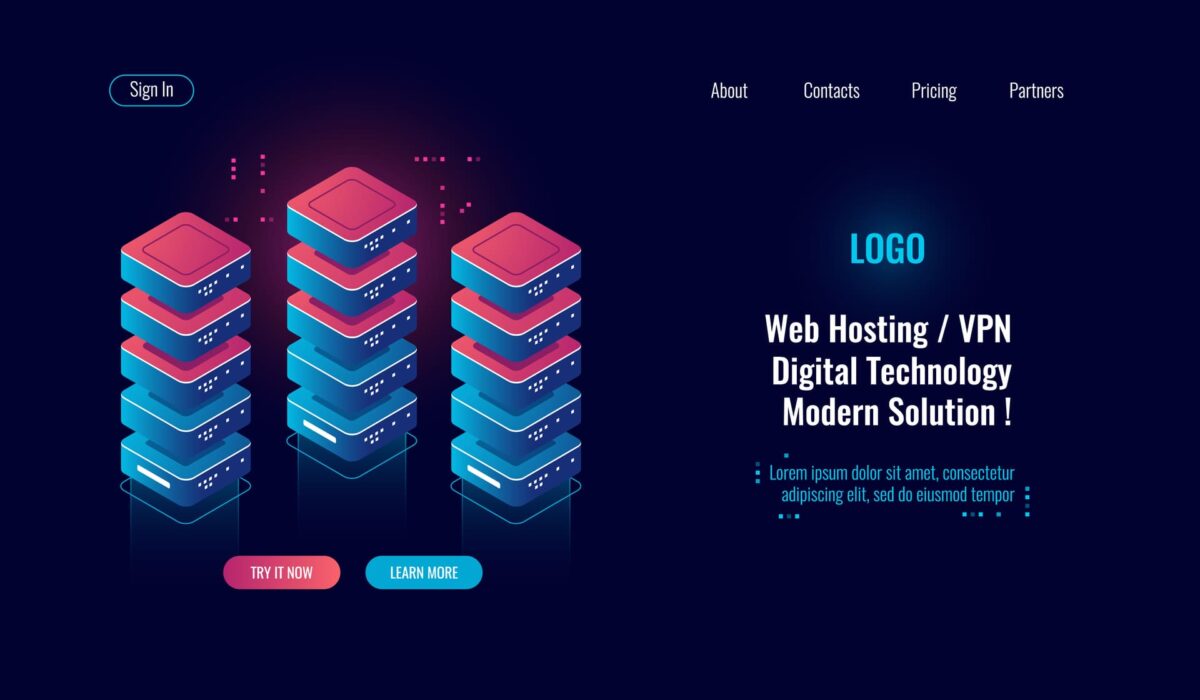 Ilustración de servidores para servicios de hosting web y VPN sobre fondo tecnológico oscuro.