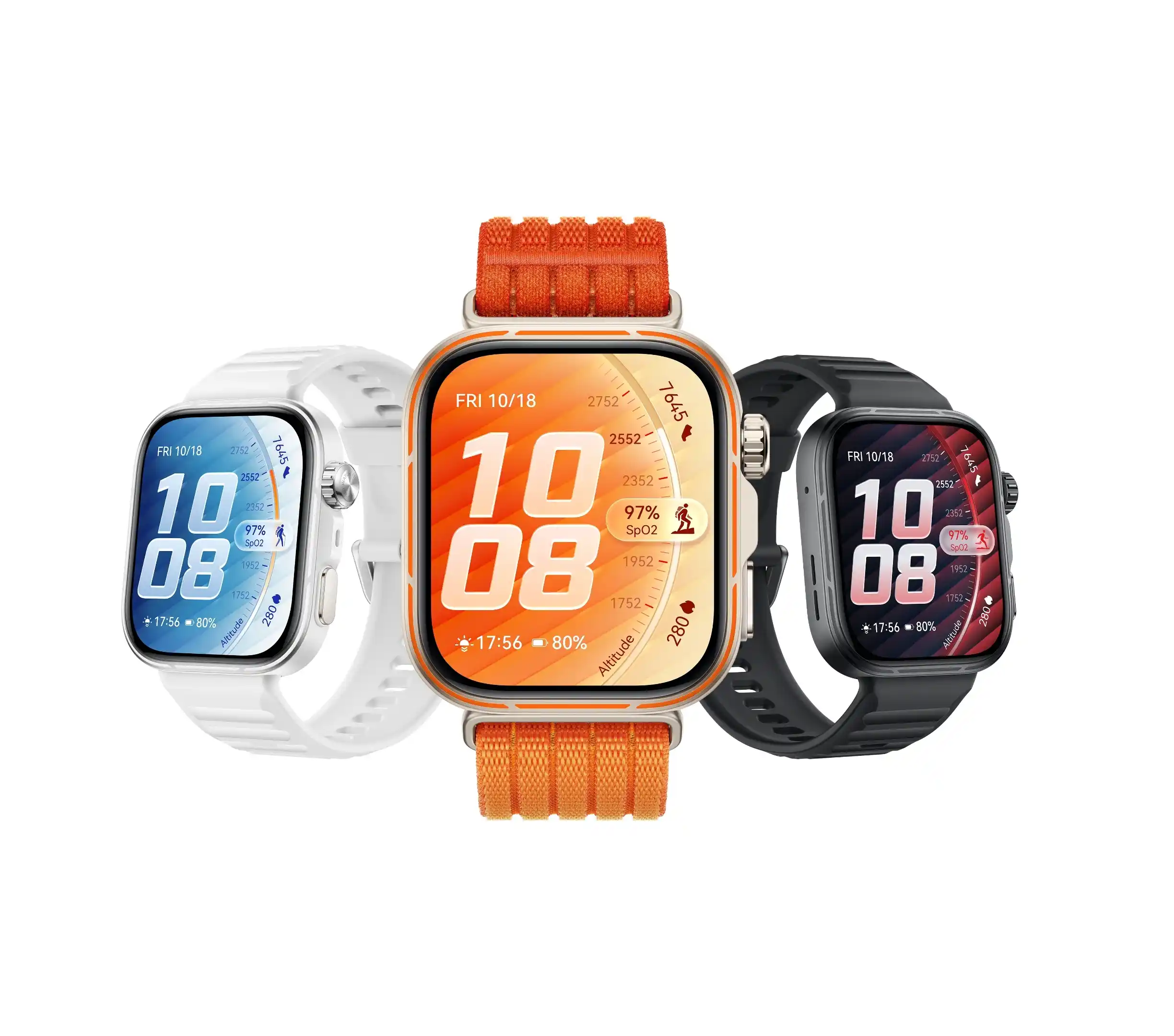 Tres relojes inteligentes con diseño deportivo y pantalla rectangular de gran tamaño, mostrados en colores blanco, naranja y negro sobre fondo claro.