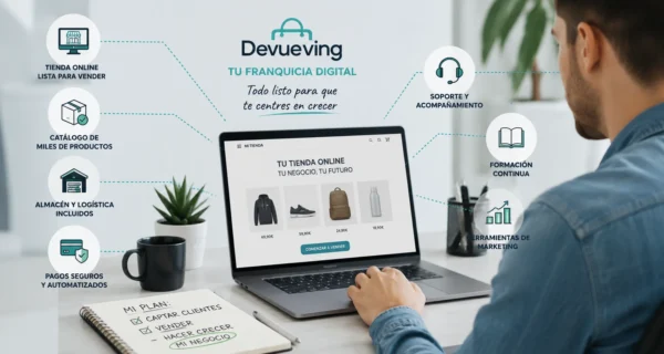 Emprendedor gestionando una franquicia digital desde su portátil con plataforma de comercio electrónico, logística y soporte integrados.