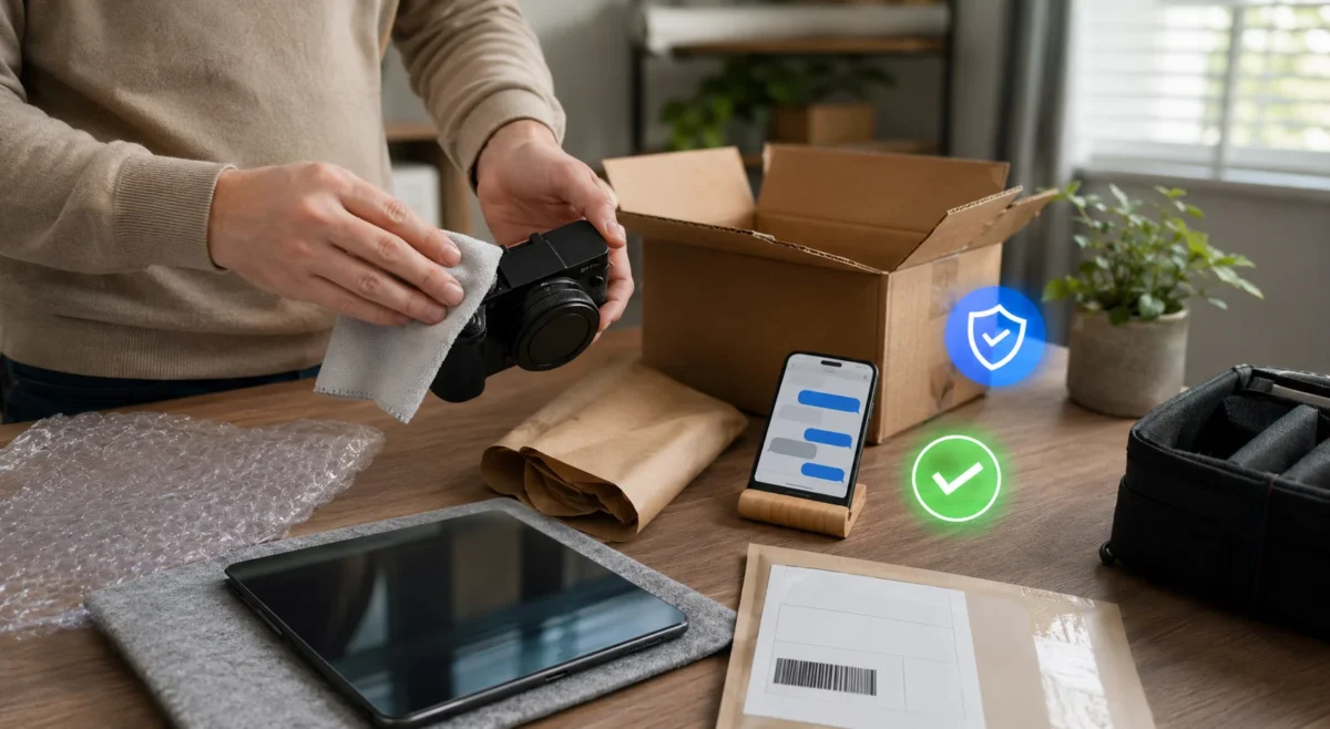 Vendedor preparando un producto para enviarlo tras confirmar una venta segura en una plataforma de clasificados online