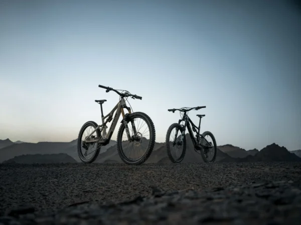 Dos bicicletas de montaña sobre un terreno rocoso con un paisaje montañoso al fondo.