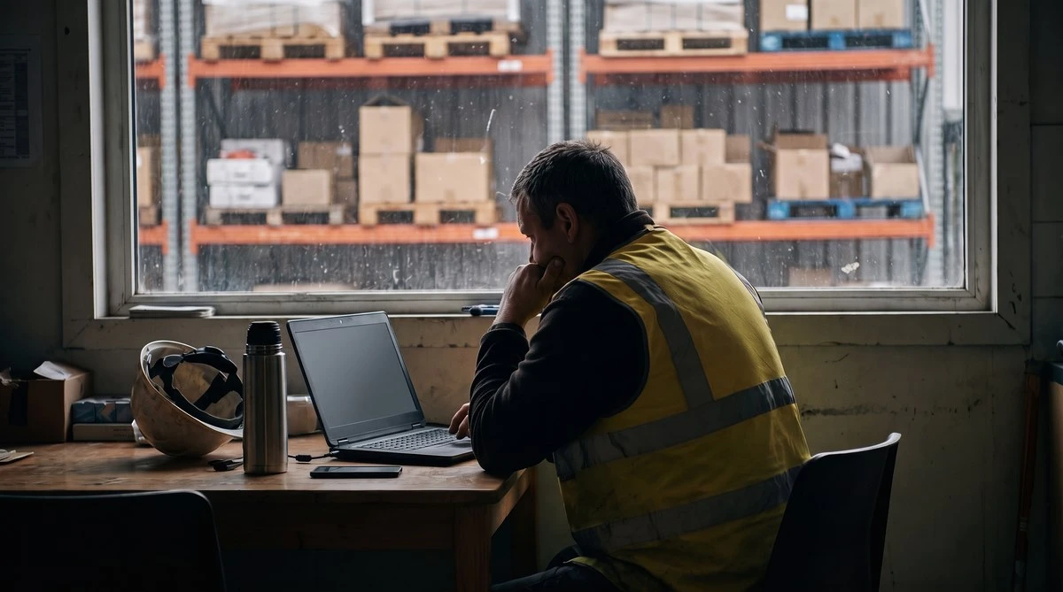 Trabajador con chaleco reflectante amarillo sentado frente a un portátil en una mesa dentro de un almacén, con casco de seguridad y termo a un lado. Al fondo, tras una gran ventana, se ven estanterías industriales con cajas y palés.