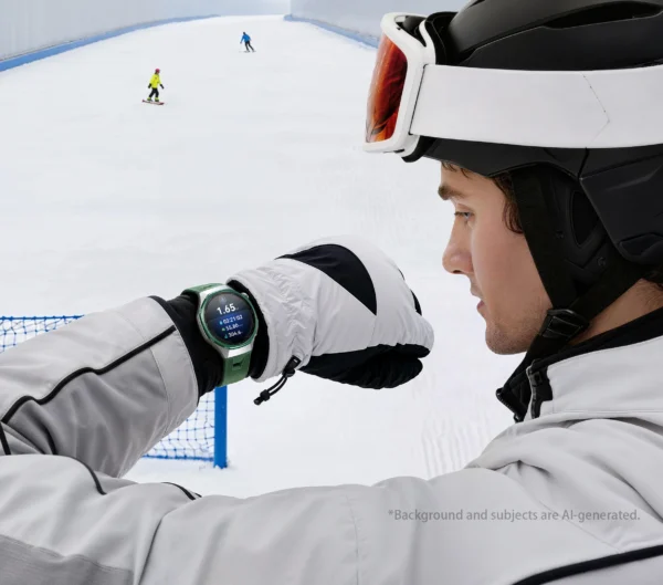 Esquiador consultando su smartwatch en una pista de esquí cubierta.