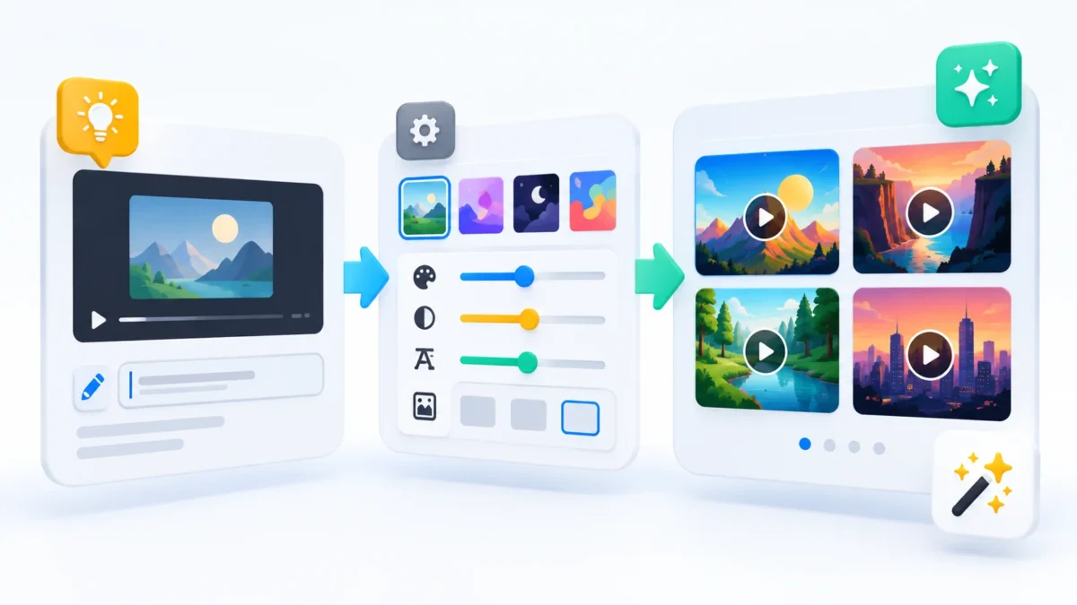 Proceso visual para crear miniaturas de vídeo con inteligencia artificial a partir de un título y varias opciones de diseño