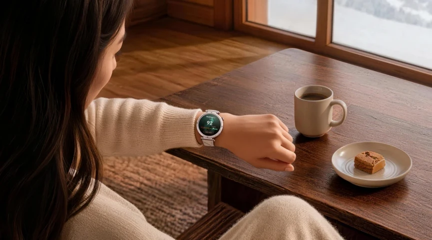 Mujer consultando un reloj inteligente mientras toma café en casa