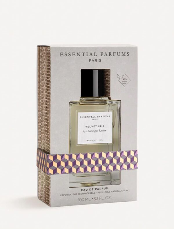 Frasco de perfume Velvet Iris de Essential Parfums Paris en su embalaje de cartón ecológico.